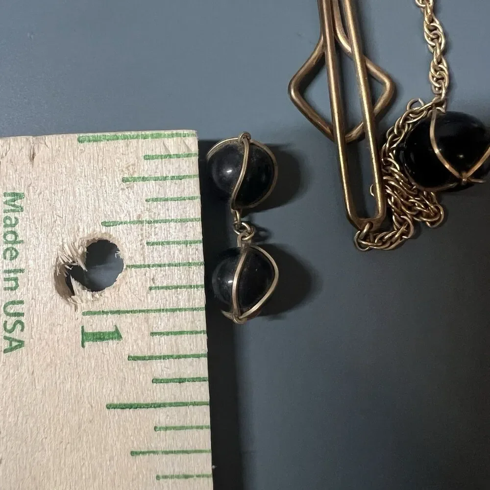 Vintage Mid Century Double Sided Wire Wrapped Black Bead Cufflinks Tie Bar Set